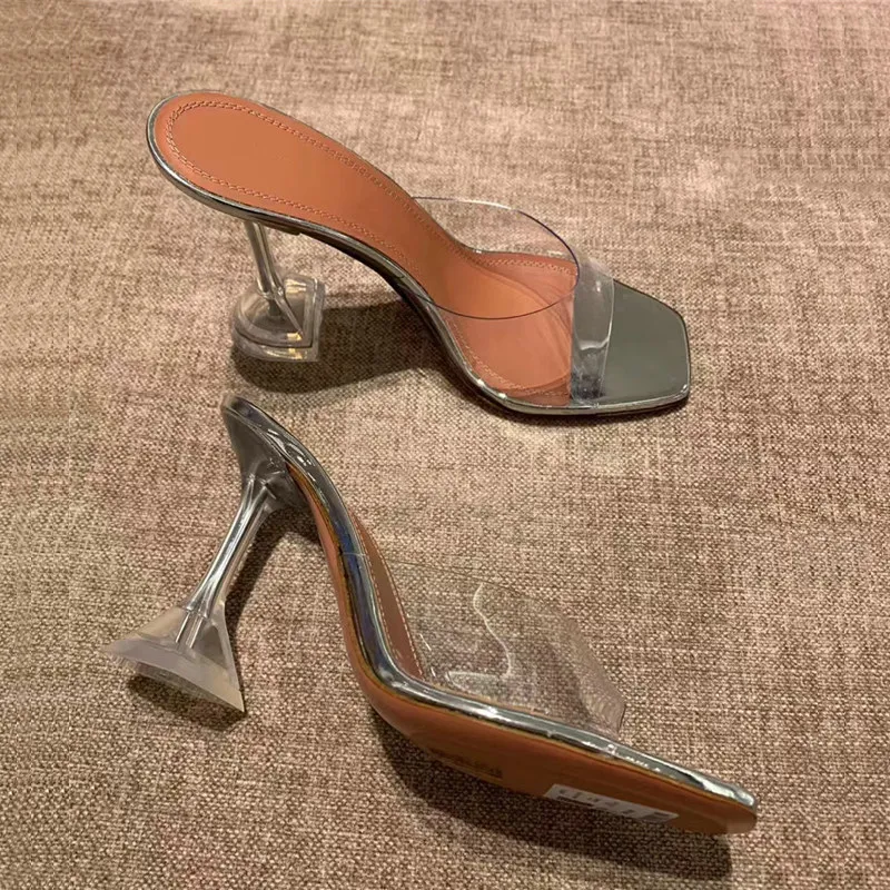 Прозрачные Шлепанцы из ПВХ пикантные женские туфли на высоком каблуке со стразами и открытым носком Прозрачные шлепанцы на высоком каблуке 7 см/9 см