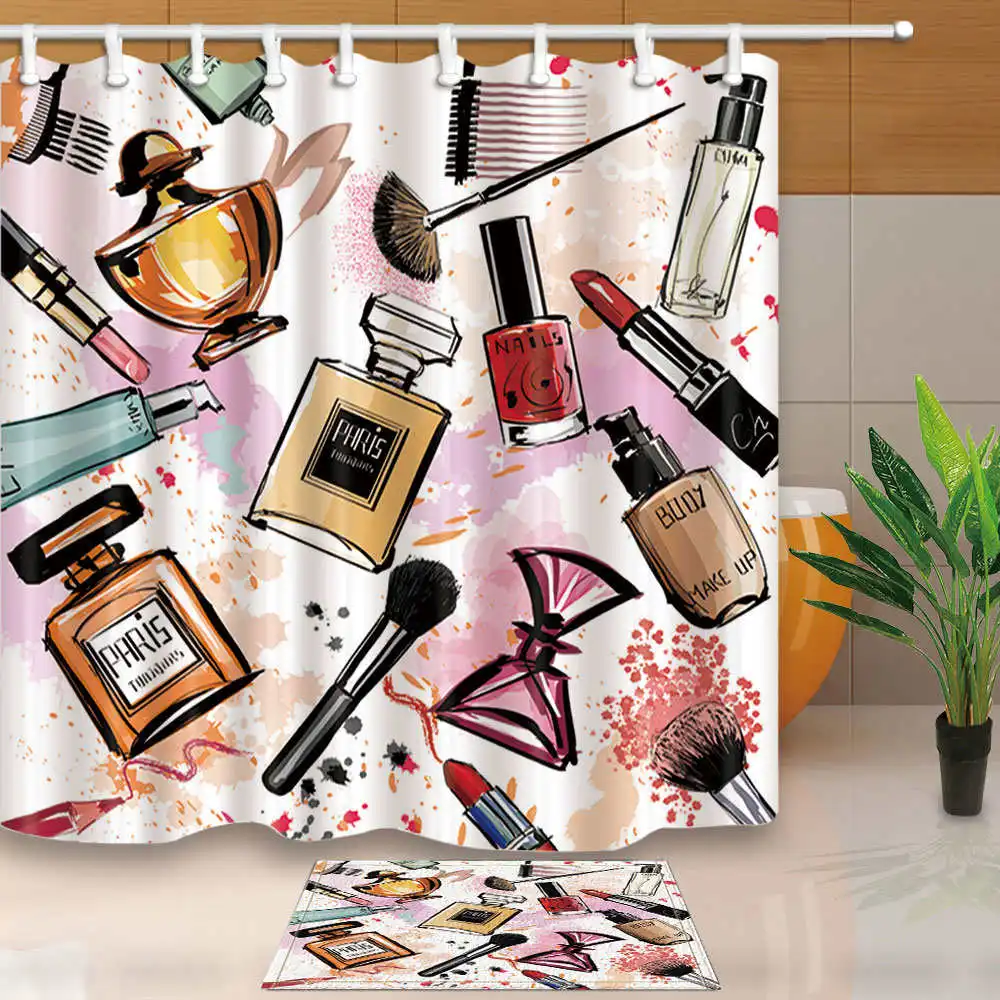 

Girly Shower Curtains Cosmetic Perfume and Lipstick Nail Polish Brush Bathroom Curtains Waterproof and Mildew Proof With Hooks