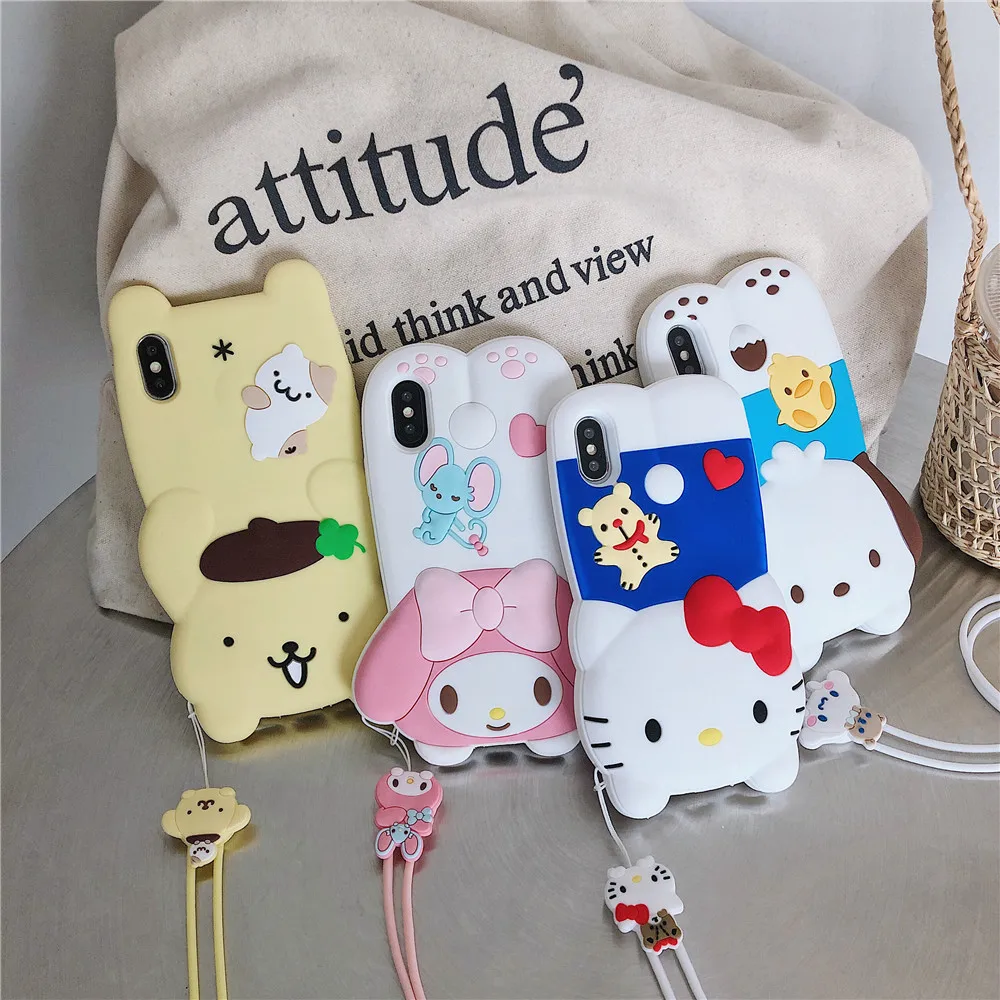 3D Аниме My melody Hello kitty Мягкий силиконовый чехол для телефона для iphone 11 pro max 6 7 8 plus X XR XS MAX Cinnamoroll Lanyard Cover