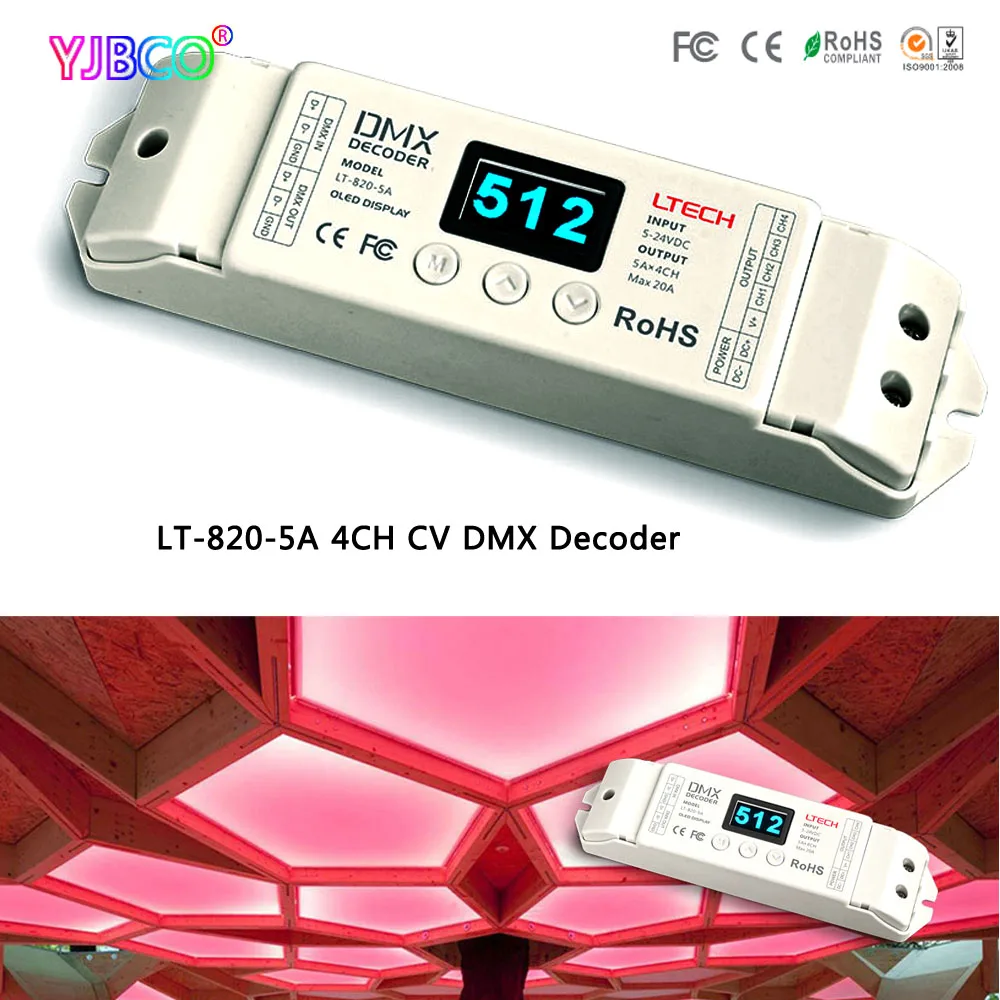 

LTECH LED constant voltage DMX-PWM Decoder Dimmer LT-820-5A 8/16 bits optional,OLED Display 4channel;5A*4channel MAX 20A output