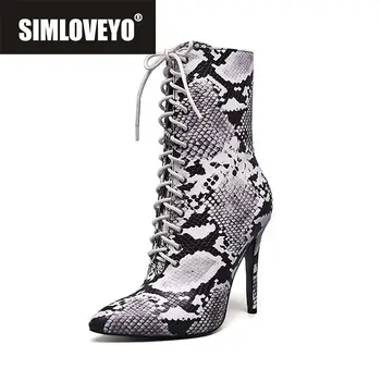 

SIMLOVEYO Women short Zipper Boots Snake Print Ankle Boots Thin High heels Lace up Pointed toe Lace up shoes Chelsea Big size 10