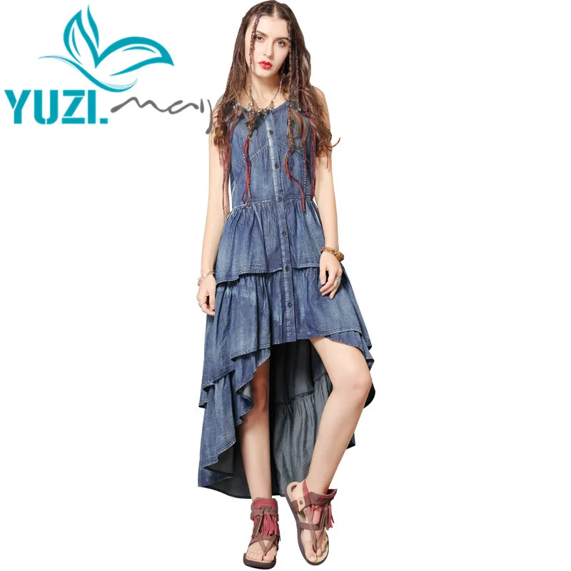 Летнее платье Yuzi. Мая Boho новые джинсовые платья Femininos с круглым вырезом без рукавов однобортные женские платья русалки A82152