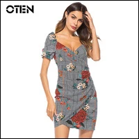 OTEN-Sexy-Woman-Clothes-Summer-Short-sleeve-Deep-V-Neck-Plaid-Flower-Printed-Irregular-Hem-Clubwear
