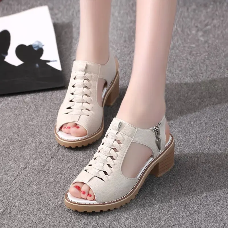 

hollow Roman sandals thick with a word with beaded high heels female summer Sexy female sandals