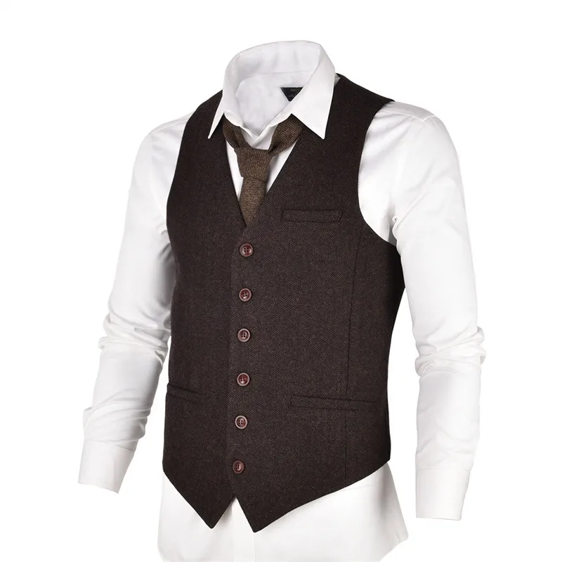 

VOBOOM Coffee Color Tweed Mens Vest Suit Slim Fit Wool Blend Single Breasted Herringbone Waistcoat Men Waist Coat for Man 007