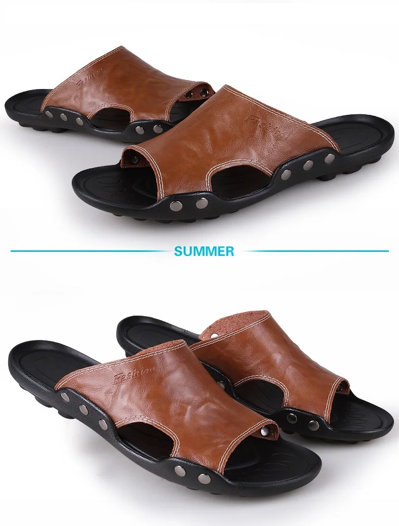 2018 New Men Genuine Leather Holiday Beach Shoes Flip Flops Men's Casual Flat Shoes Sandals Summer Slippers For Men (10)