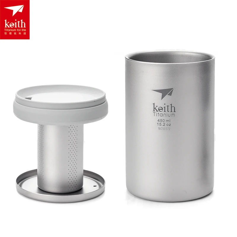 Keith Pure Titanium Double Walled Tea Cup with Lid Thermal Multi