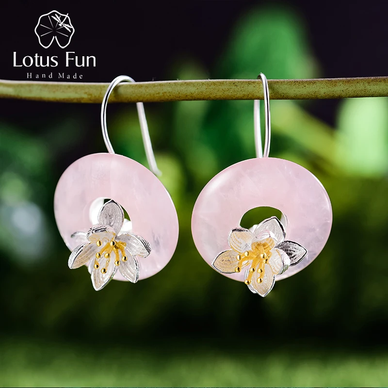 

Lotus Fun Solid 925 Sterling Silver Earrings for Women Rose Quartz Flower Hook Drop Dangling Earring earings fashion jewelry