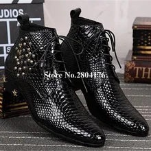 Для мужчин Роскошные острый носок черный патерн из натуральной кожи на шнуровке на низком каблуке с золотыми заклепками полусапожки Формальные Для мужчин Бизнес ботильоны