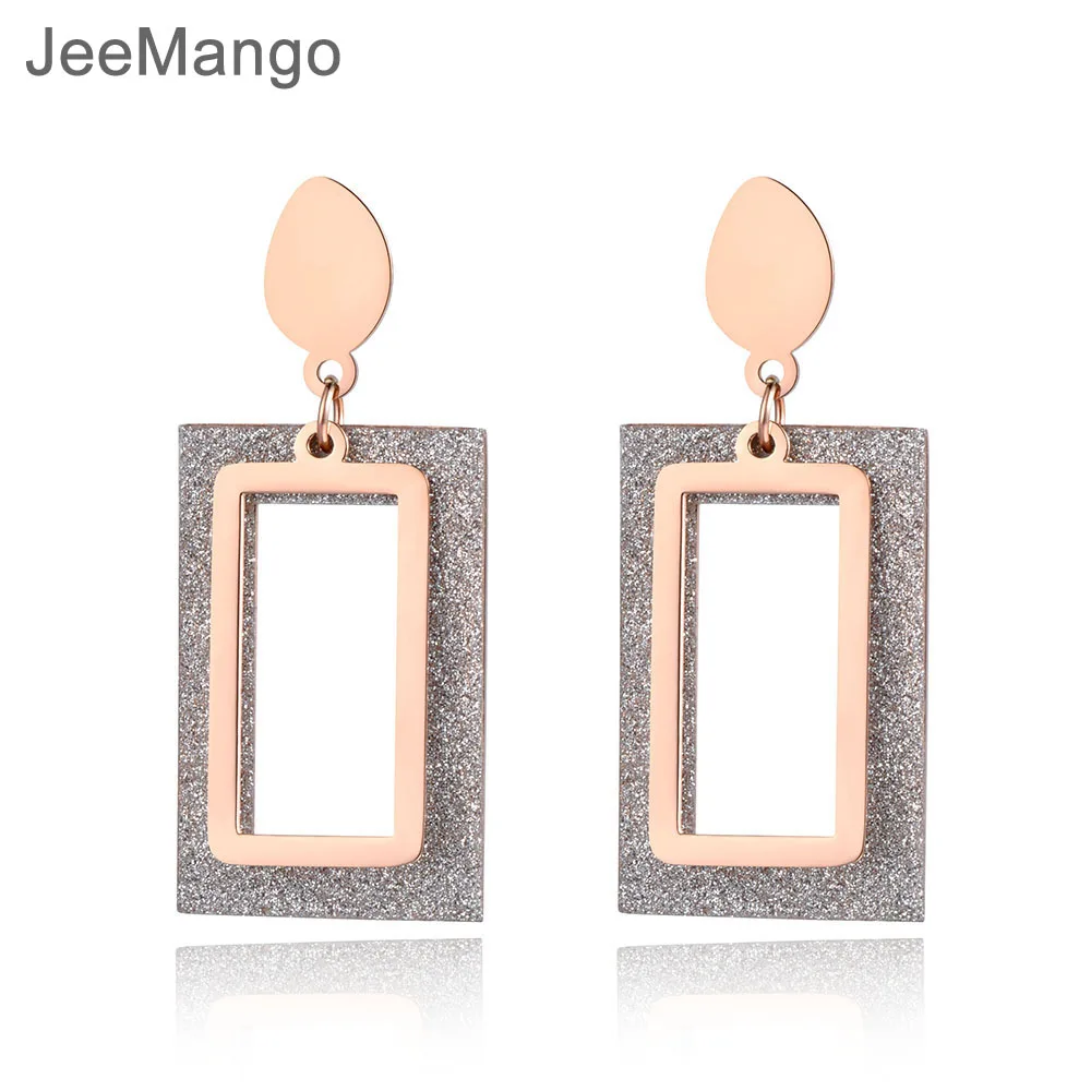 

JeeMango Stainless Steel Double Rectangular Party Earrings Jewelry For Women Rose Gold Geometry Gray Matte Earrings JE19041