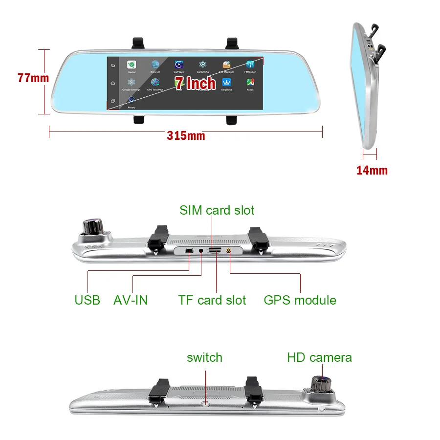 7 inch Dual Lens Car DVR Rearview Mirror Camera GPS Android 4.4 Allwinner A33 Quad-core Full HD 1080P GPS Navigation 16GB/1GB