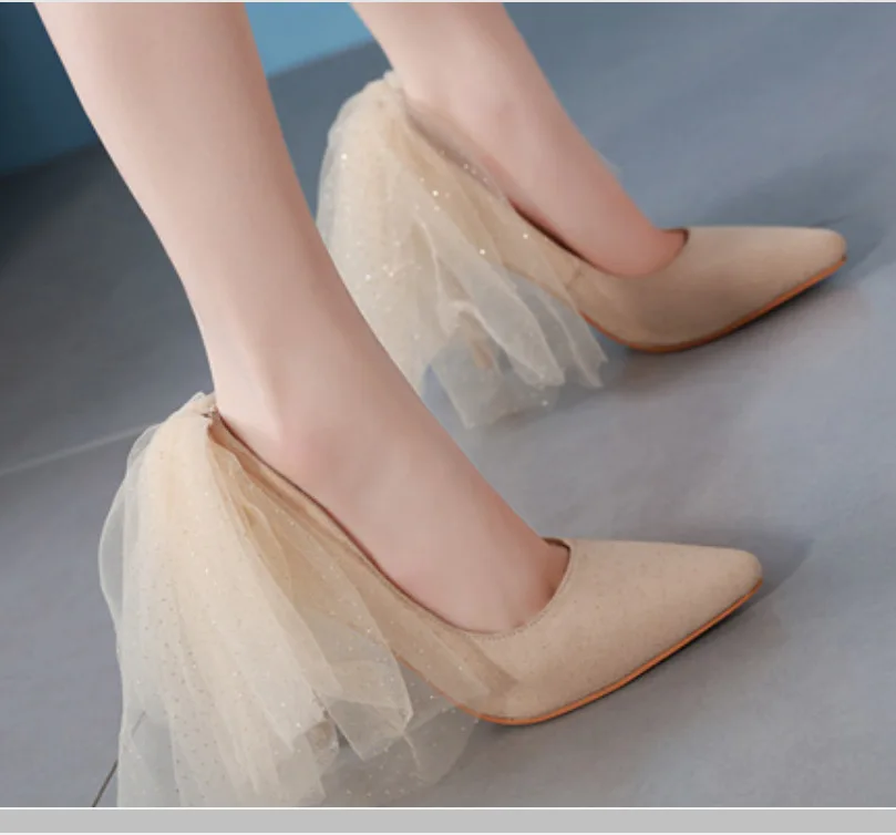 

New Women Pumps Shoes Flock Mesh Pointed Toe Sweet Slip-On 11cm Thin High Heels Shallow Solid Party Lady Wedding Female Shoes