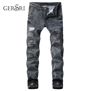 

Gersri Straight pants homme Pleated Biker Jeans Pants 2020 Men's Slim Fit Brand Designer Denim Trousers For Male