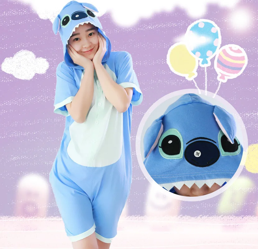 

Blue Stitch Kigurumi Onesies Cosplay Summer new cartoon one-piece pajamas Pikachu cotton short-sleeved couple men women suit