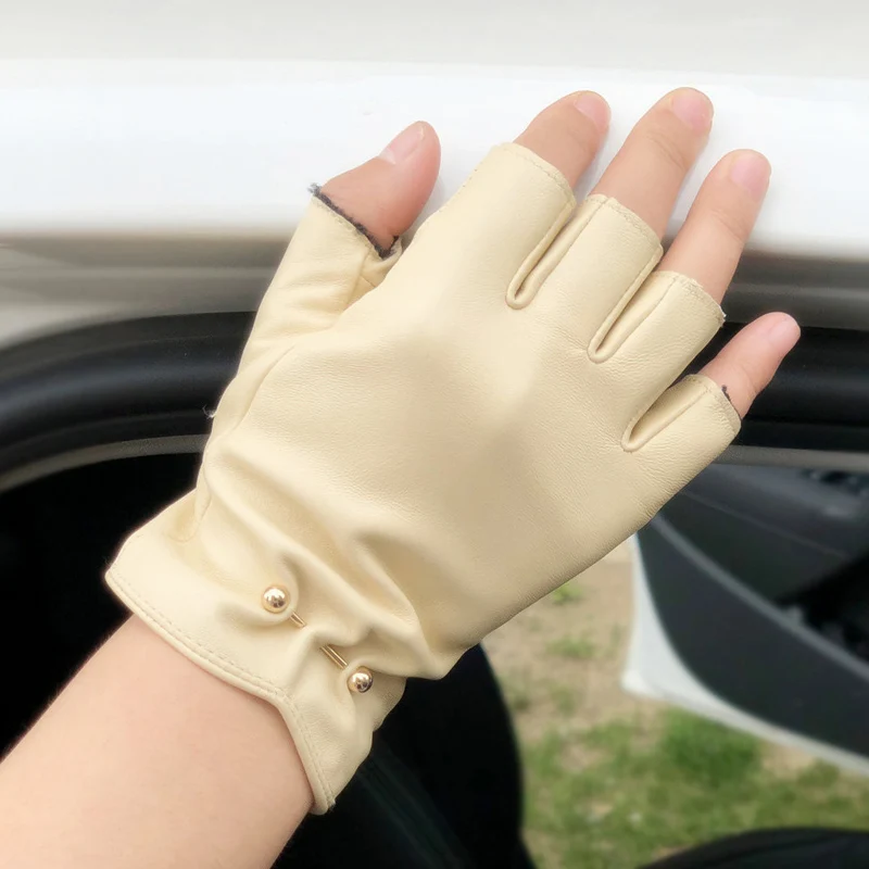 Autumn New Woman's Genuine Leather Gloves High Quality Sheepskin Metal Decoration Semi-Finger Driving Gloves Female  EL092NN-1