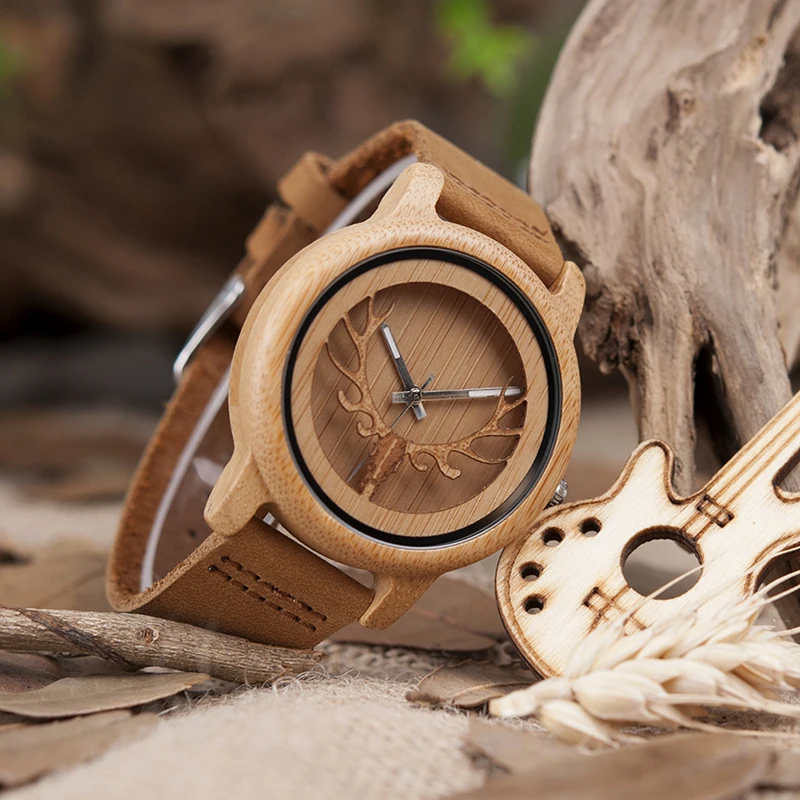 BOBO BIRD Wood Watch Male Vintage Deer Head Skeleton Design Bamboo Wristwatch Men Womens Timepiece with Leather Bands