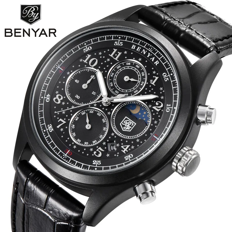 

BENYAR Multifunction Men Luxury Brand Sport Watches Water Quartz Hours Date Hand Clock Men Chronograph Leather Watch relogio