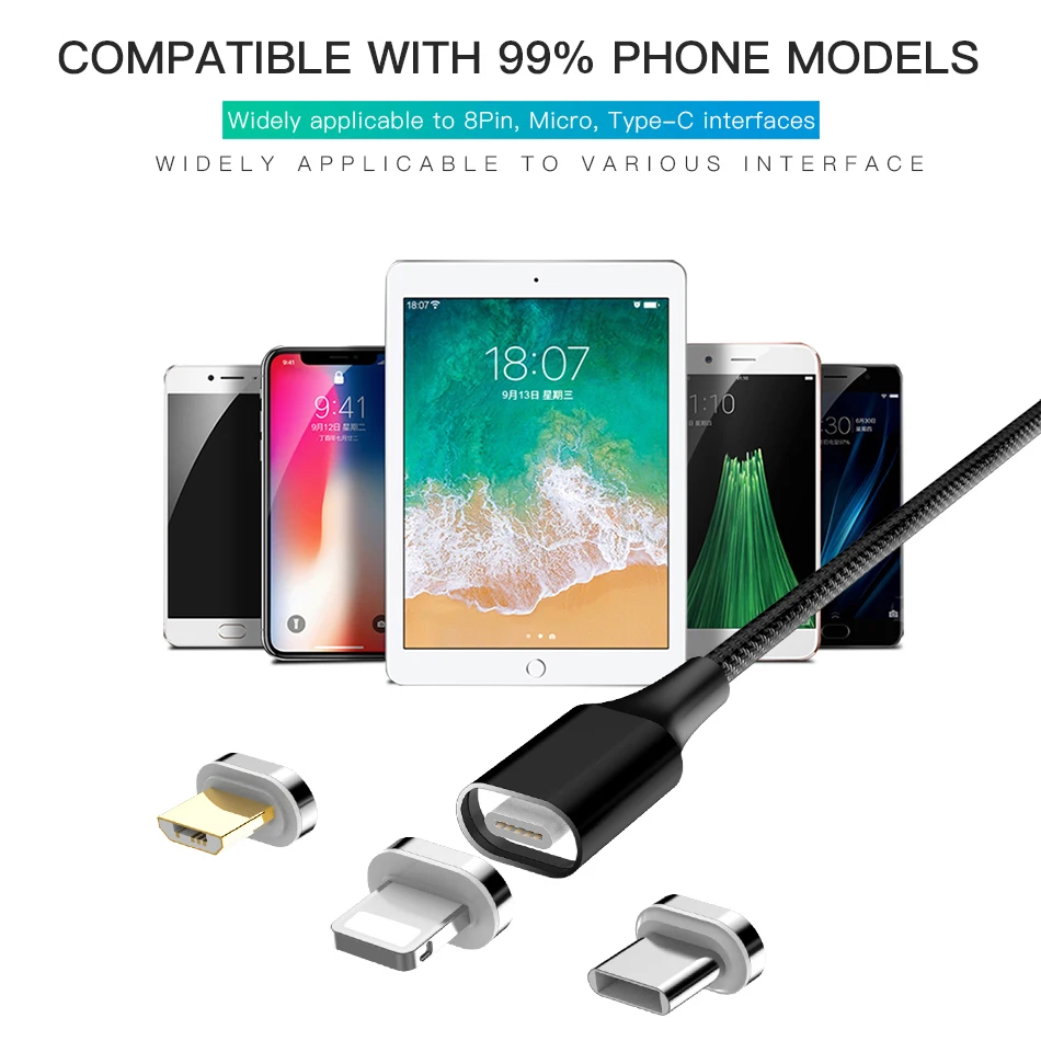 Магнитный кабель 3A Micro USB Type C для быстрой зарядки и передачи данных iPhone SAMSUNG S10 + S9