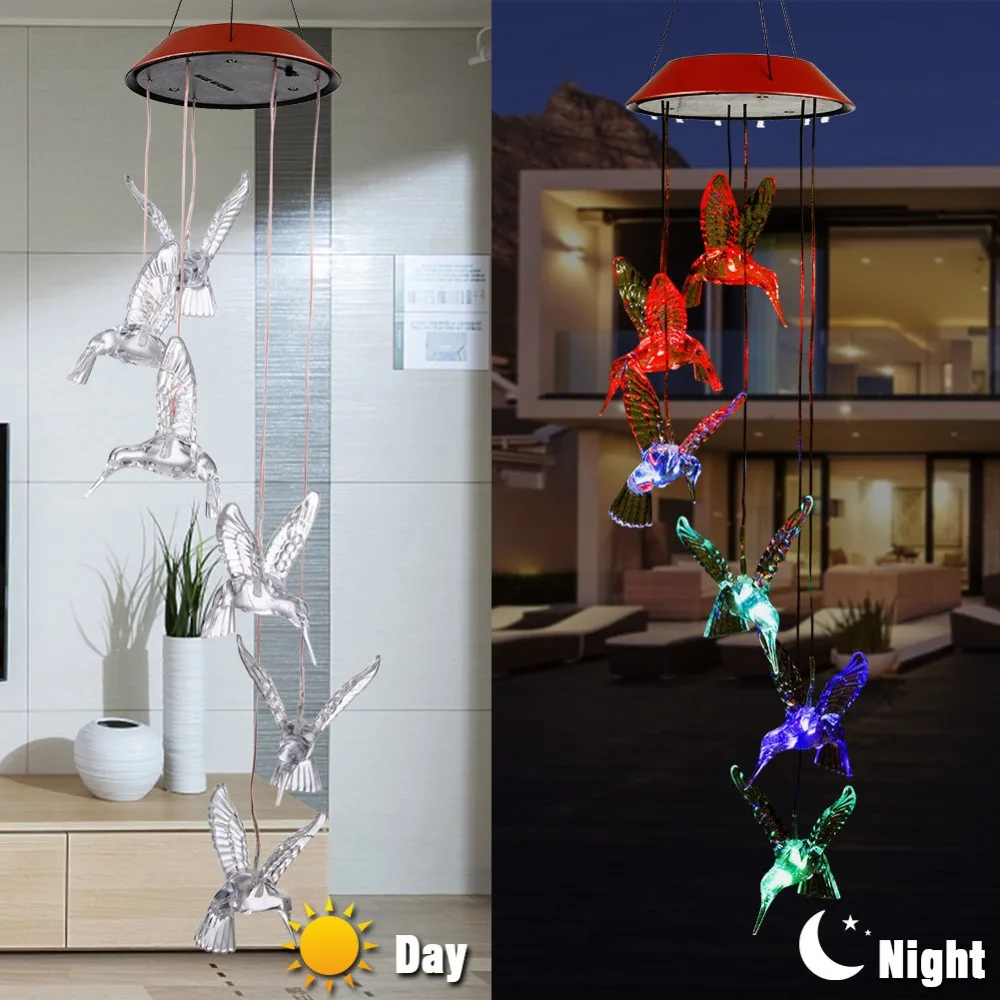

Hummingbirds Dragonfly LED Solar Lamp Wind Home Garden Decor Solar Light Solar Powered Color-Changing Wind Chime Light
