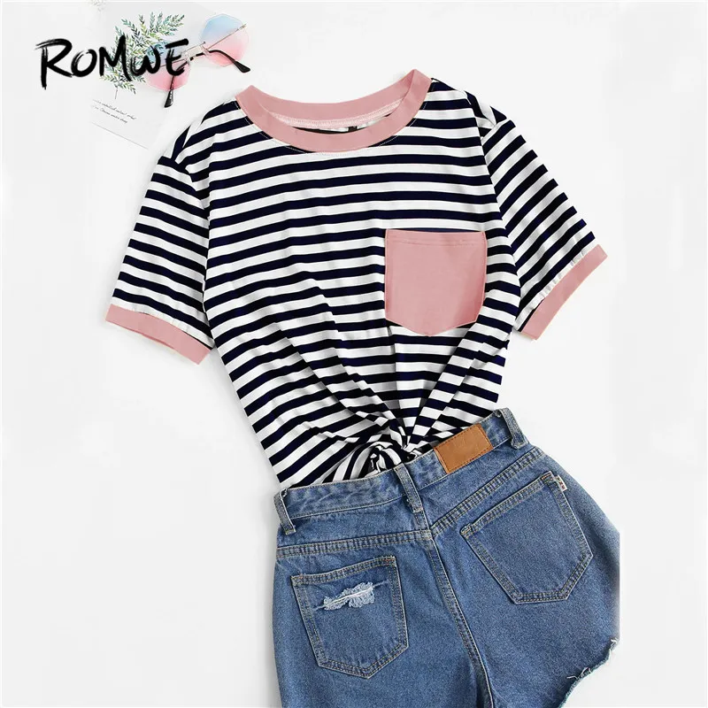 ROMWE, разноцветные женские футболки с контрастным карманом в полоску, новинка, летние футболки в консервативном стиле, повседневные топы с коротким рукавом и круглым вырезом