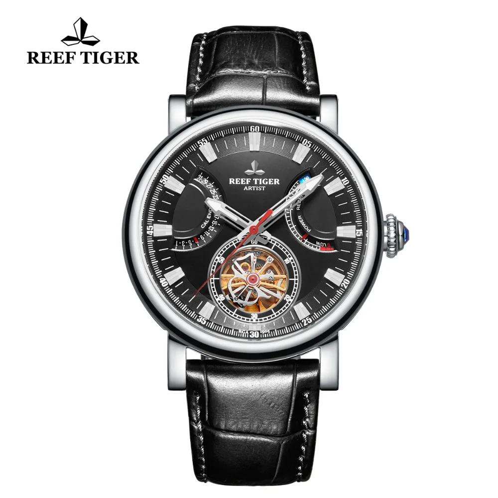 Мужские автоматические часы Reef Tiger/RT однотонные стальные черные с кожаным