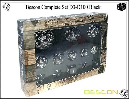 Bescon полный многогранный набор игральных костей 13 шт. D3-D100, 100 сторон набор игральных костей Непрозрачный черный