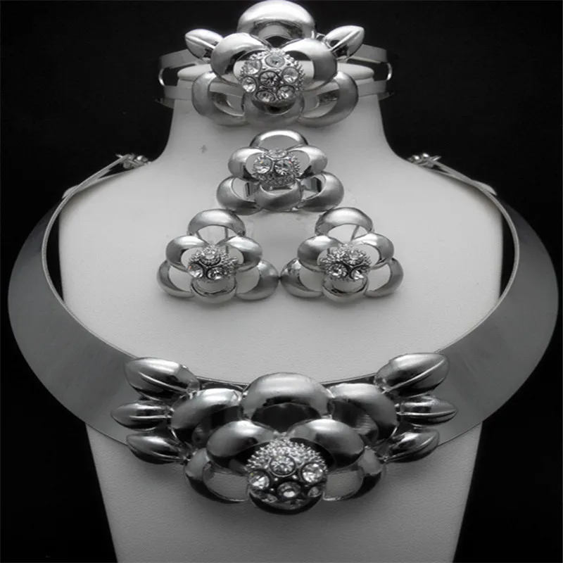 

High Quality 2015 New Women Wedding Accessories Jewelry,Rhinestone silver Plated Chunky African Necklace Wedding Jewelry Sets