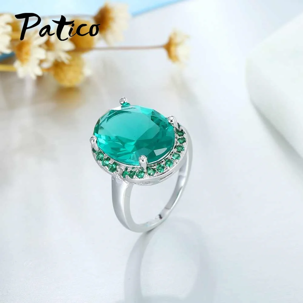 PATICO Top Quality 925 Sterling Silver Finger Rings Shining Big Oval CZ Crystal Propose Wedding Anniversary Women Gift Jewelry
