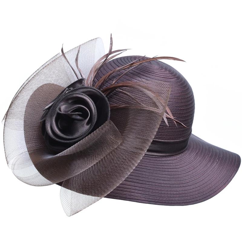 

Wide Brim Sun Hats for Women Brown Flower Veil Feather Ladies Hats Female Kentucky Derby Hats A433