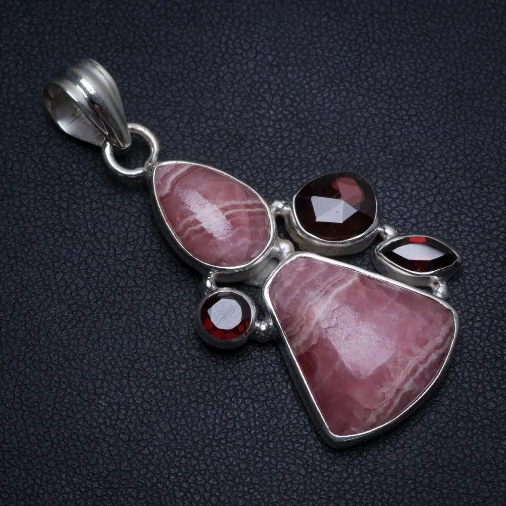 

Natural Rhodochrosite,Amethyst and Garnet Handmade Unique 925 Sterling Silver Pendant 2" T0003