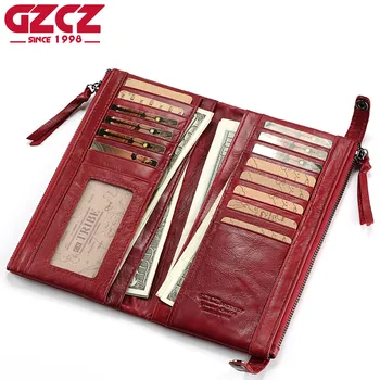 

GZCZ Genuine Leather Long Woman Wallets Female Double Zipper Ladies Walet Women Card Holder Coin Purse Portomonee Clutch Handy