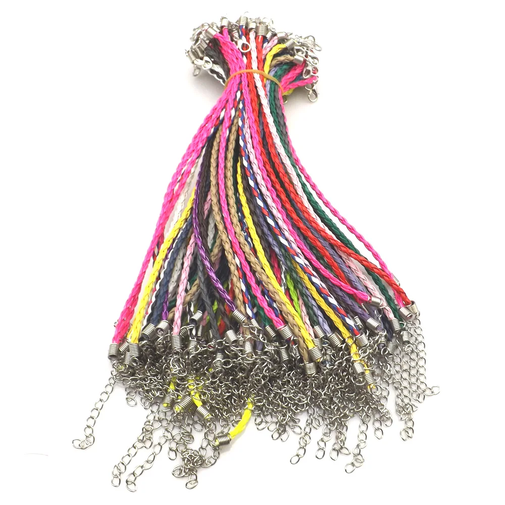 

100pcs/Lot Mixed Color 20cm Length Twisted Leather Bracelets With Lobster Clasp 5cm Extension Chain
