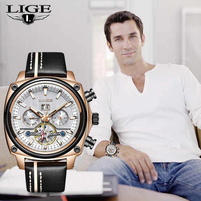 

LIGE Brand Men Watches Automatic Mechanical Watch Tourbillon Sport Clock Leather Casual Business Retro Wristwatch Montre homme
