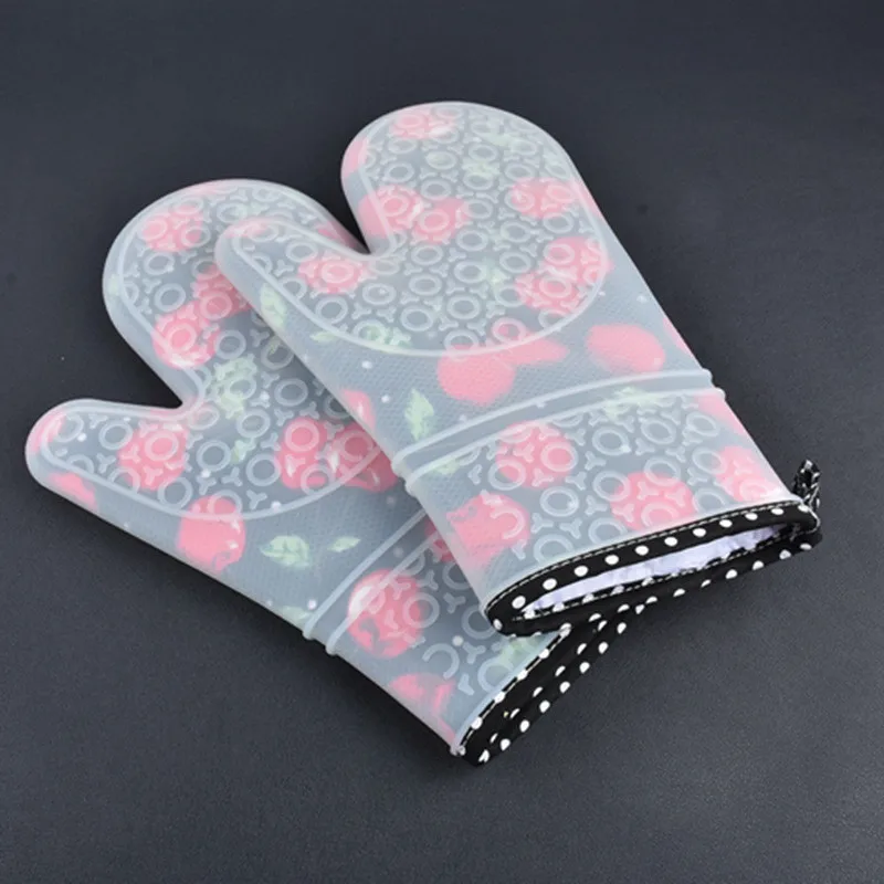 

2pc/set Heat Resistant Silicone Kitchen Gloves Oven Mitts Thicker Silicone Cooking Glove Microwave Oven Kitchen Print Gloves