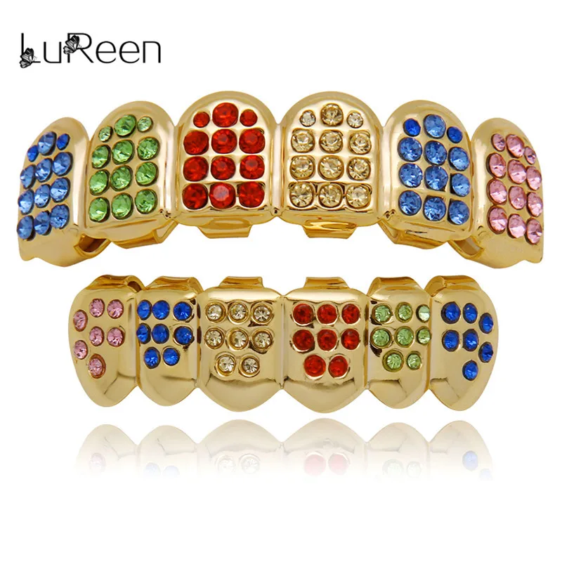 LuReen Colorful Teeth Grillz Top&Bottom Iced Out CZ Grills