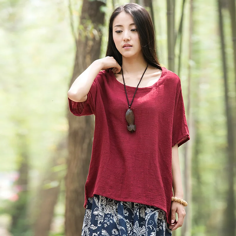 

Summer style Solid O-neck Cotton Linen Women Blouse Shirt Plus size Brand Loose Casual Mori girl Blouse Cute Shirt Tops B057