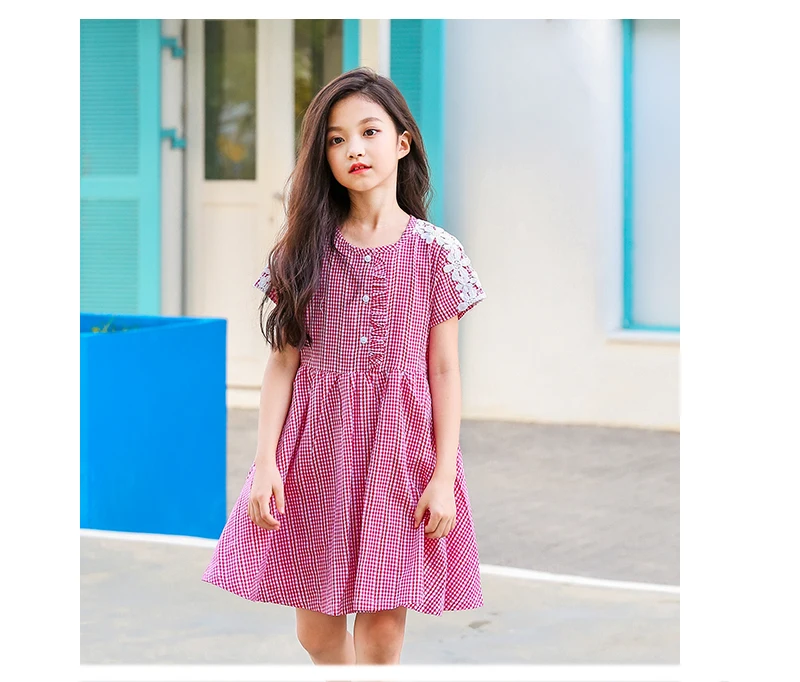 teenage girls dresses with lace crochet floral red blue plaid preppy style little girls dress 2018 summer children dress baby (4)