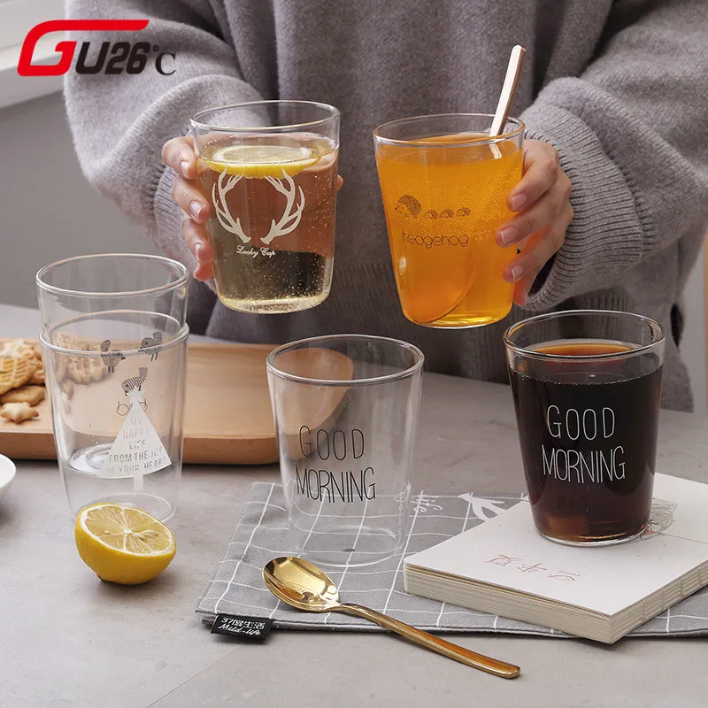 

High Quality Good Morning Glass Cup Flower Receptacle Juice Coffee Cup Breakfast Milk Lemon Glass With Dog Pattern