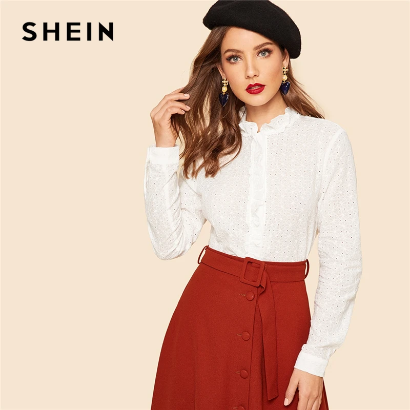 

SHEIN Vintage White Mock Neck Ruffle Trim Embroidery Eyelet Blouse Women Spring Office Lady Button Placket Solid Elegant Blouses