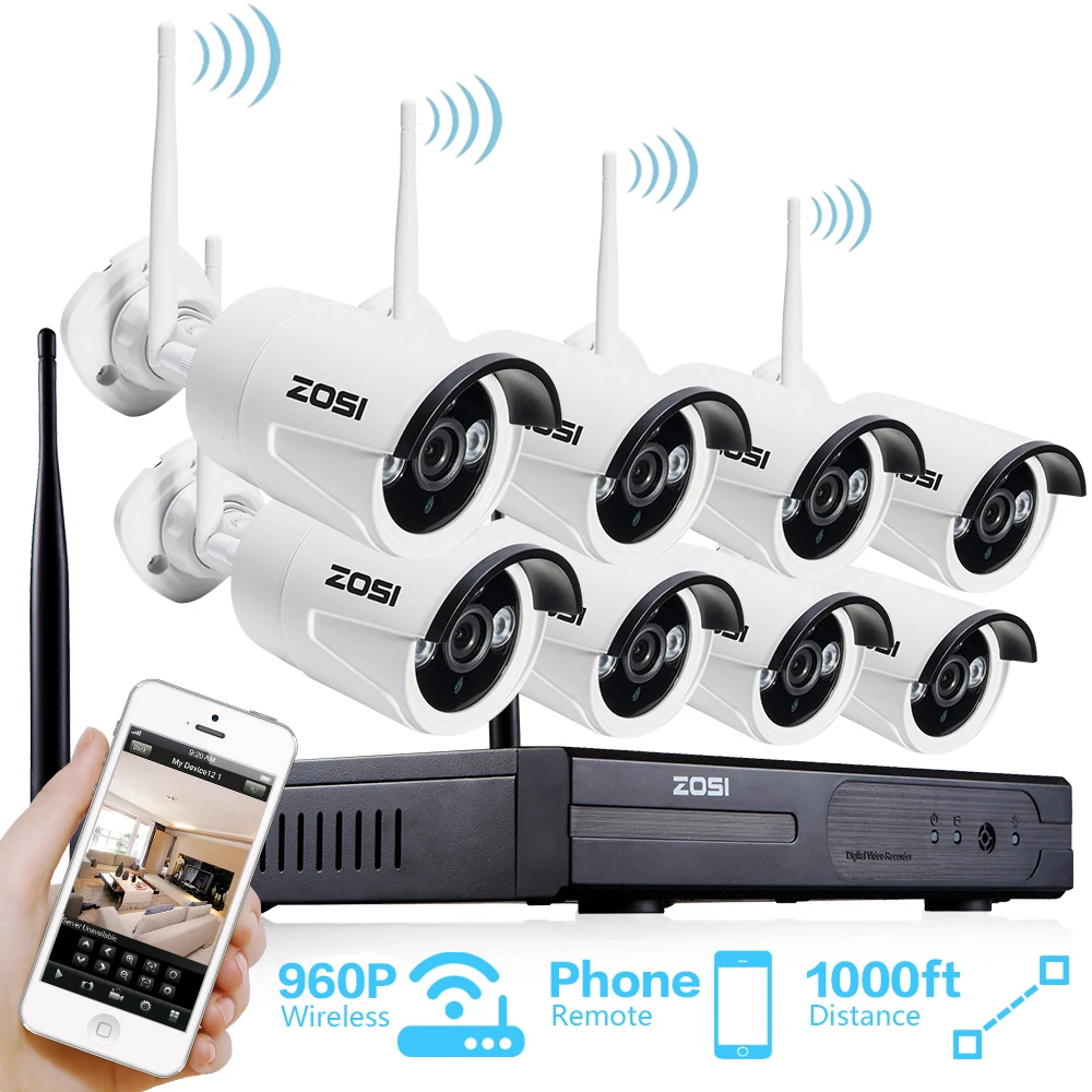 ZOSI 960P Auto-Pair Wireless System 8CH 960P Wifi NVR with 8* 1.3P 960P 100ft Night Vision Waterproof IP66 Bullet Camera
