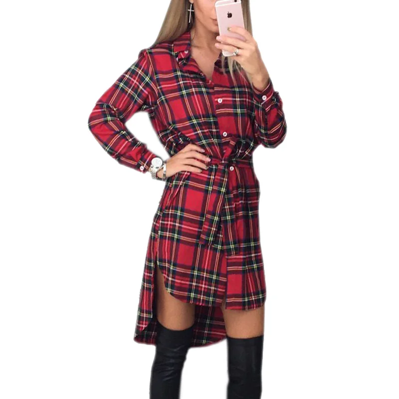 

Vintage Shirt Dress Women Explosions Autumn Fall Asymmetrical Plaid Dress 2019 Winter Femme Casual Check Mini Dresses Robe GV426