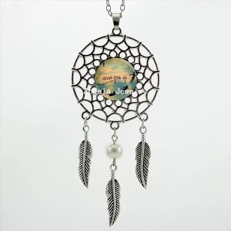 

HZShinling Trendy Style Never Grow Up Dreamcatcher Necklace Peter Pan Pendant Jewelry Silver Dreamcatcher Necklace Gift DC-00552