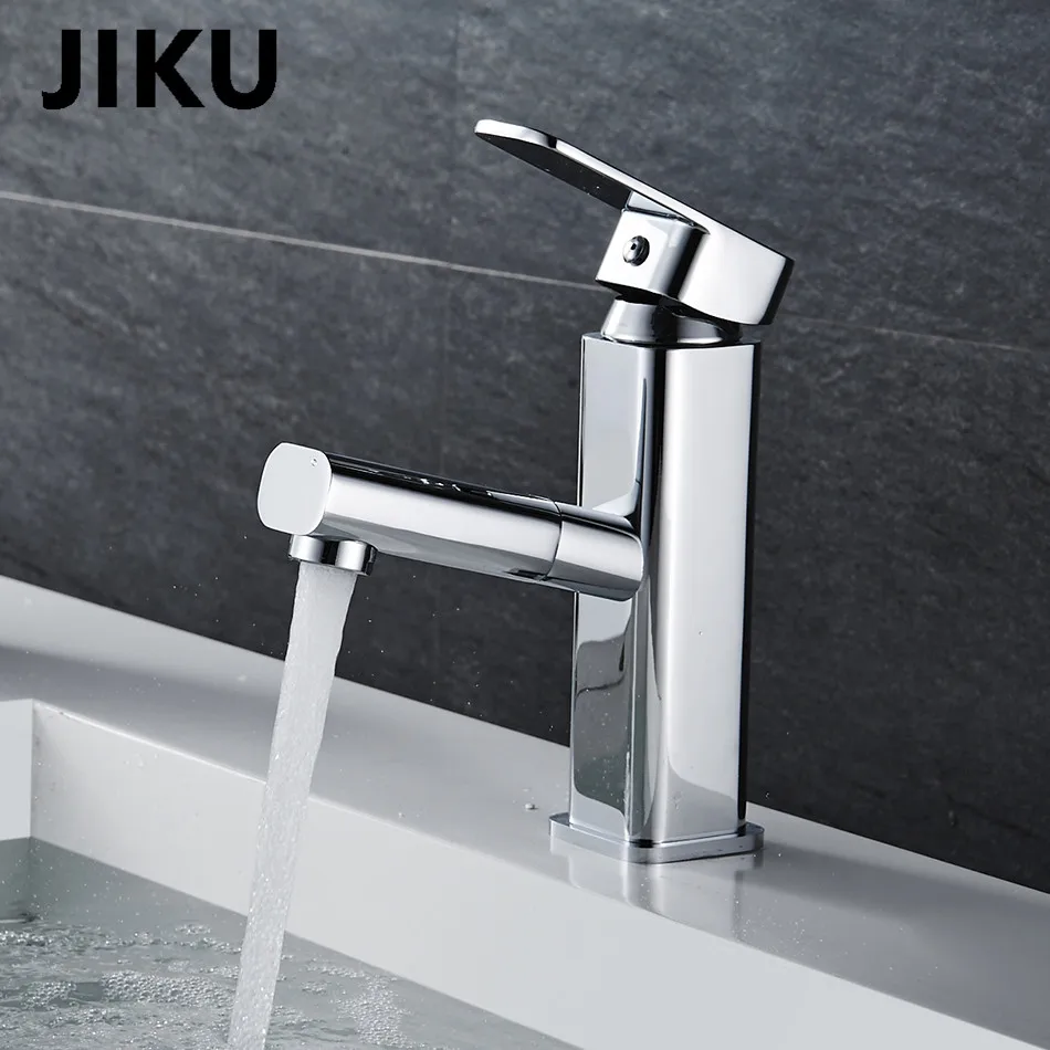 

JIKU Single Handle Bathroom Hot And Cold Water Mixer Taps Basin Faucet Kitchen Deck Mounted Brushed Chrome Basin Faucet