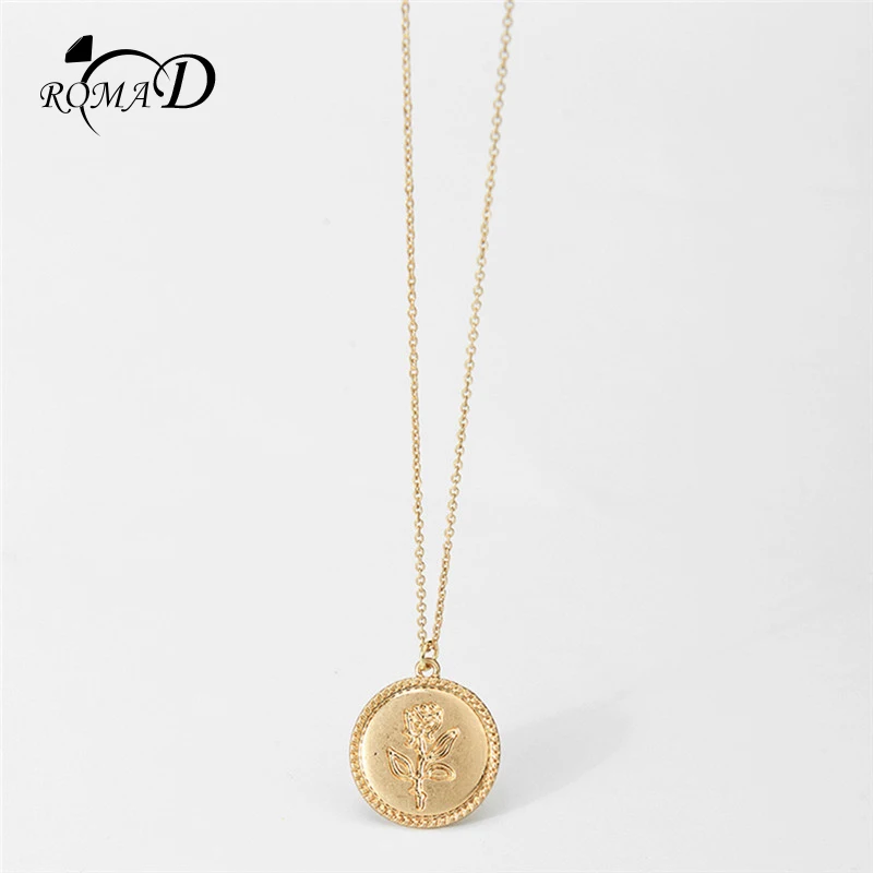 

ROMAD Gold Flower Pendant & Necklace for Women Simple Female Long Chain Coin Necklace Rose Flower Collier Wedding Jewelry R4