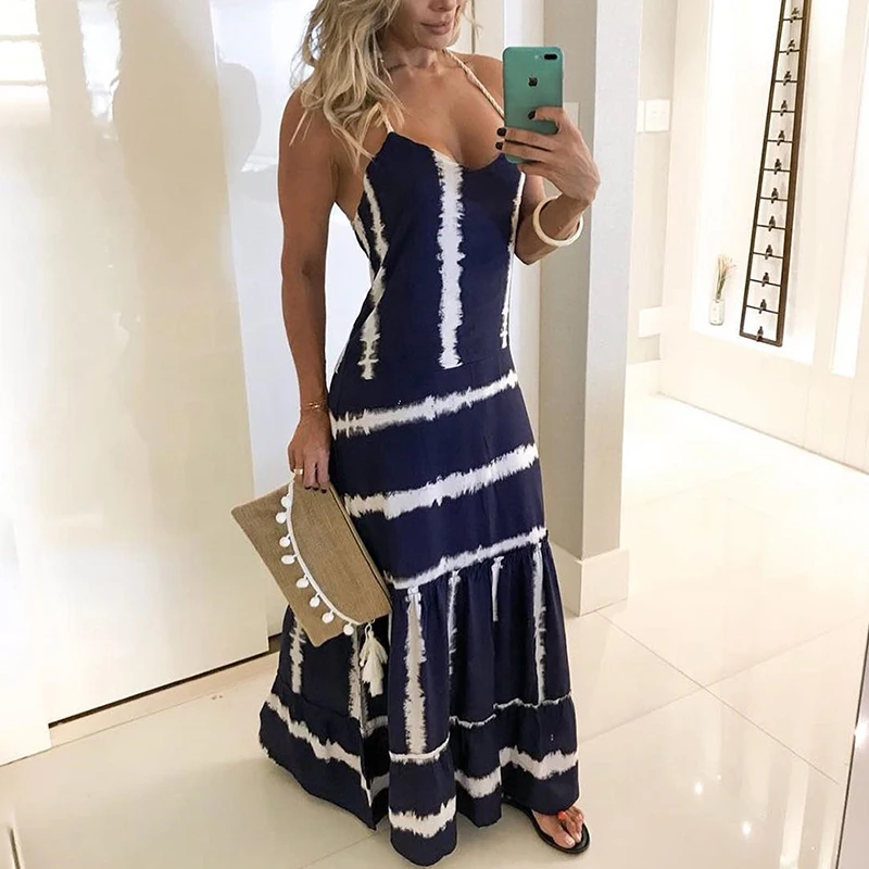 Image 2019 Summer Women Elegant Fashion Long Maxi Prom Party Dress Ladies Sexy Tie Dye Print Tunic Spaghetti Strap Maxi Dress