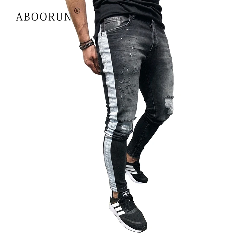 

ABOORUN Skinny Jeans For Men Tape Side Distressed Jeans For Men Faded Black Big Size Super Spray on Dropshipping Supply R1426