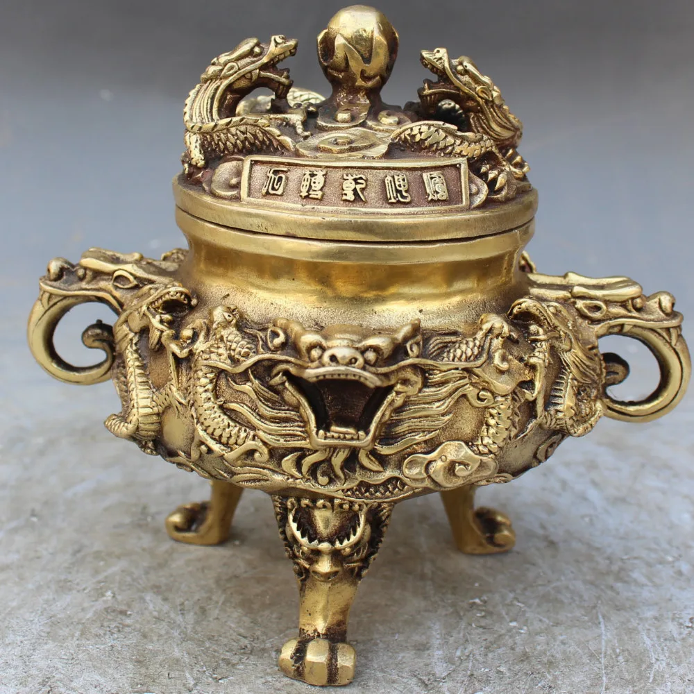 

002478 15CM Chinese Dynasty palace Bronze 9 Dragon Lion Statue incense Burner Censer