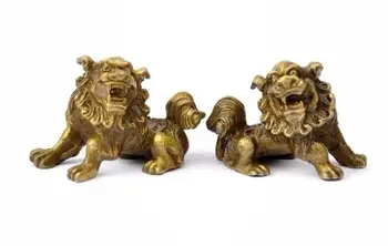 

Collectable Chinese Brass Carved Animal Blessing Dog A Pair Of Lions Exquisite Small Statues