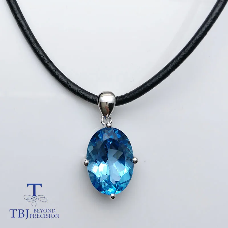 TBJ,Simple design pendant Natural deep blue topaz gemstone for men and women unisex pendant leather chord necklace with box TBJ,Simple design pendant Natural deep blue topaz gemstone for men and women unisex pendant leather chord necklace with box