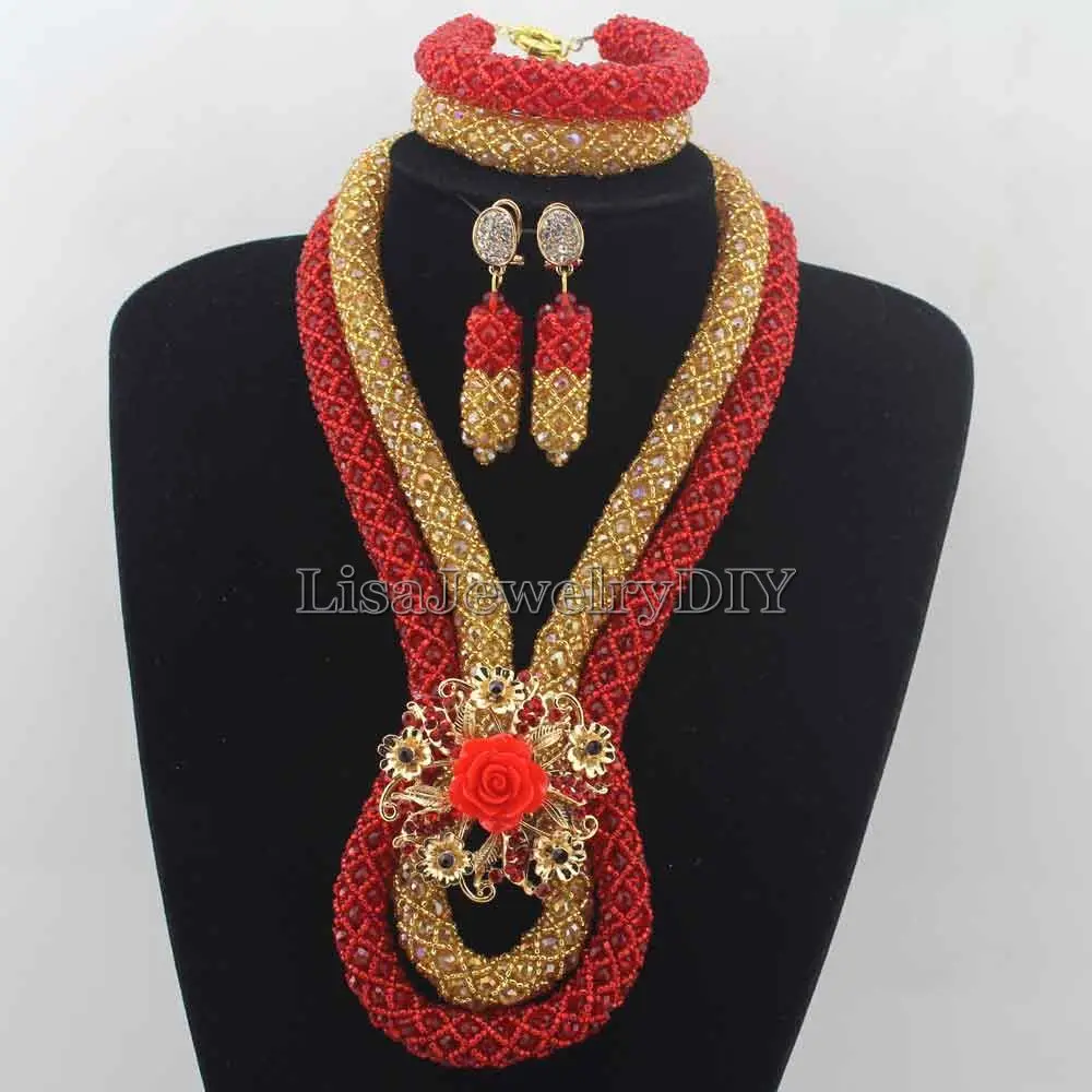 

Red African Jewelry Sets Costume Nigerian Wedding Bridal Necklaces Beads Jewelry Set Full Set 2016 New Free ShippingHD7539